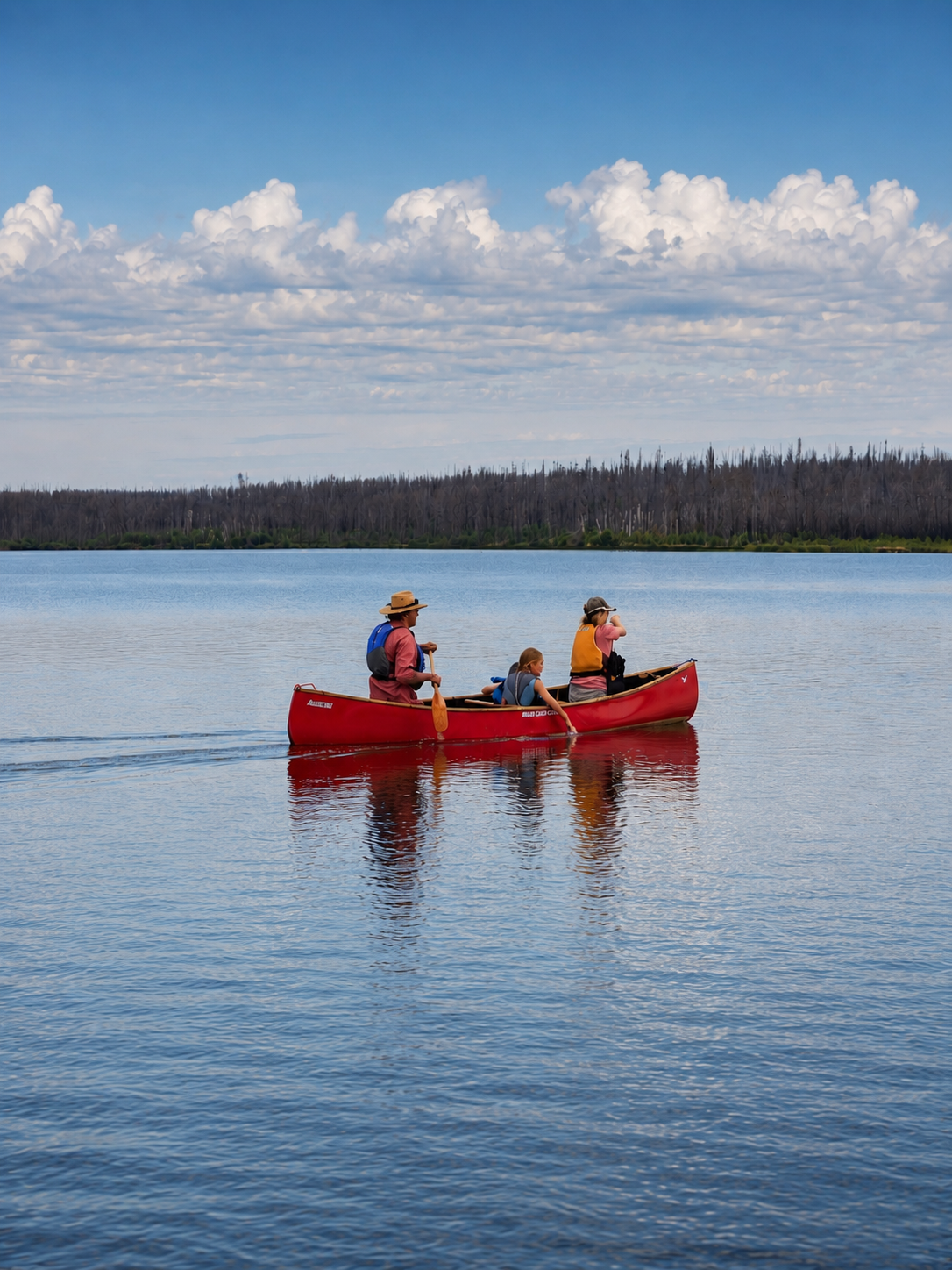 A red canoe on a calm lake, representing discovery beyond the highway
