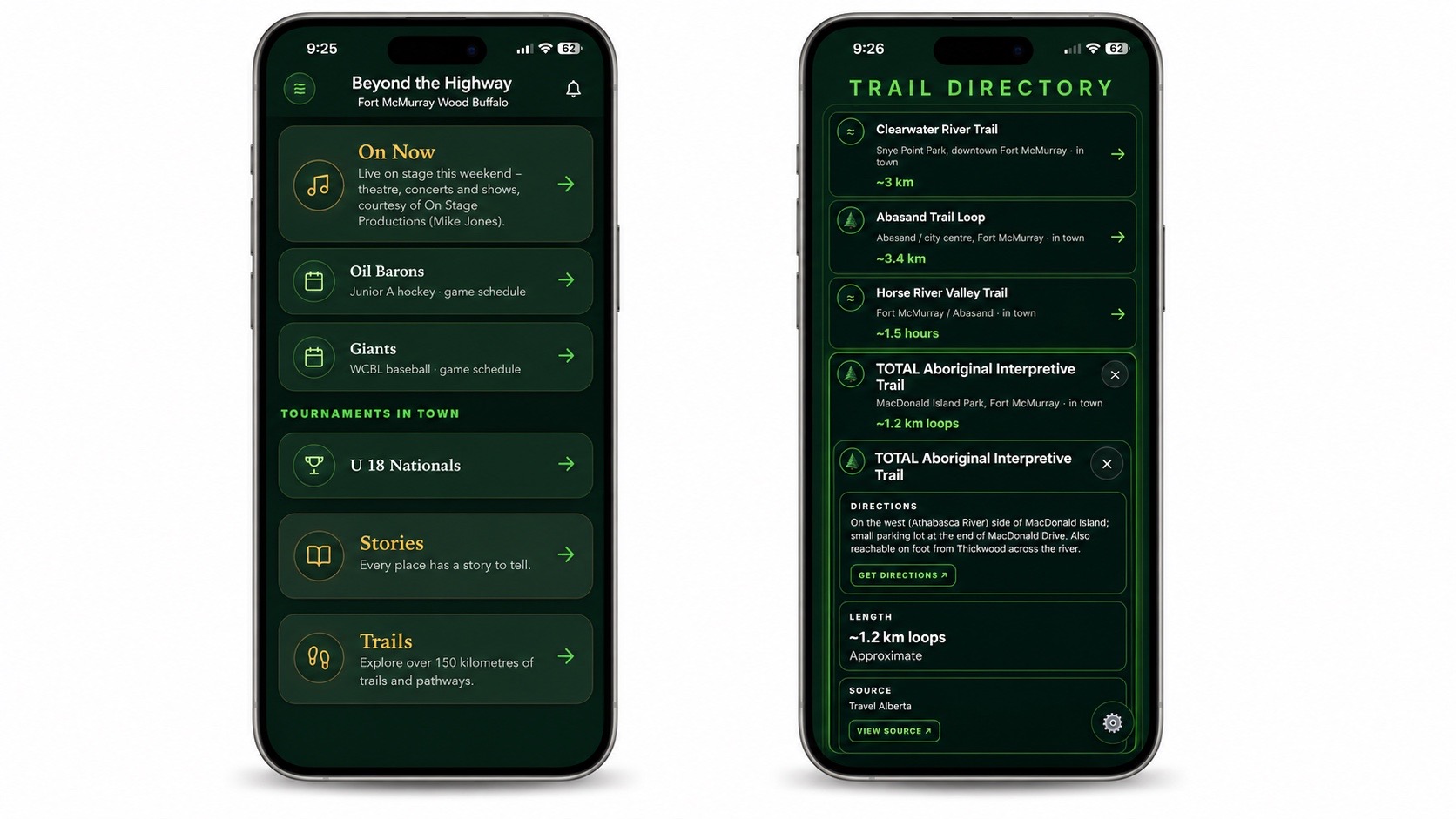 Two smartphone screens showing the Beyond the Highway home screen and Trail Directory for Fort McMurray Wood Buffalo