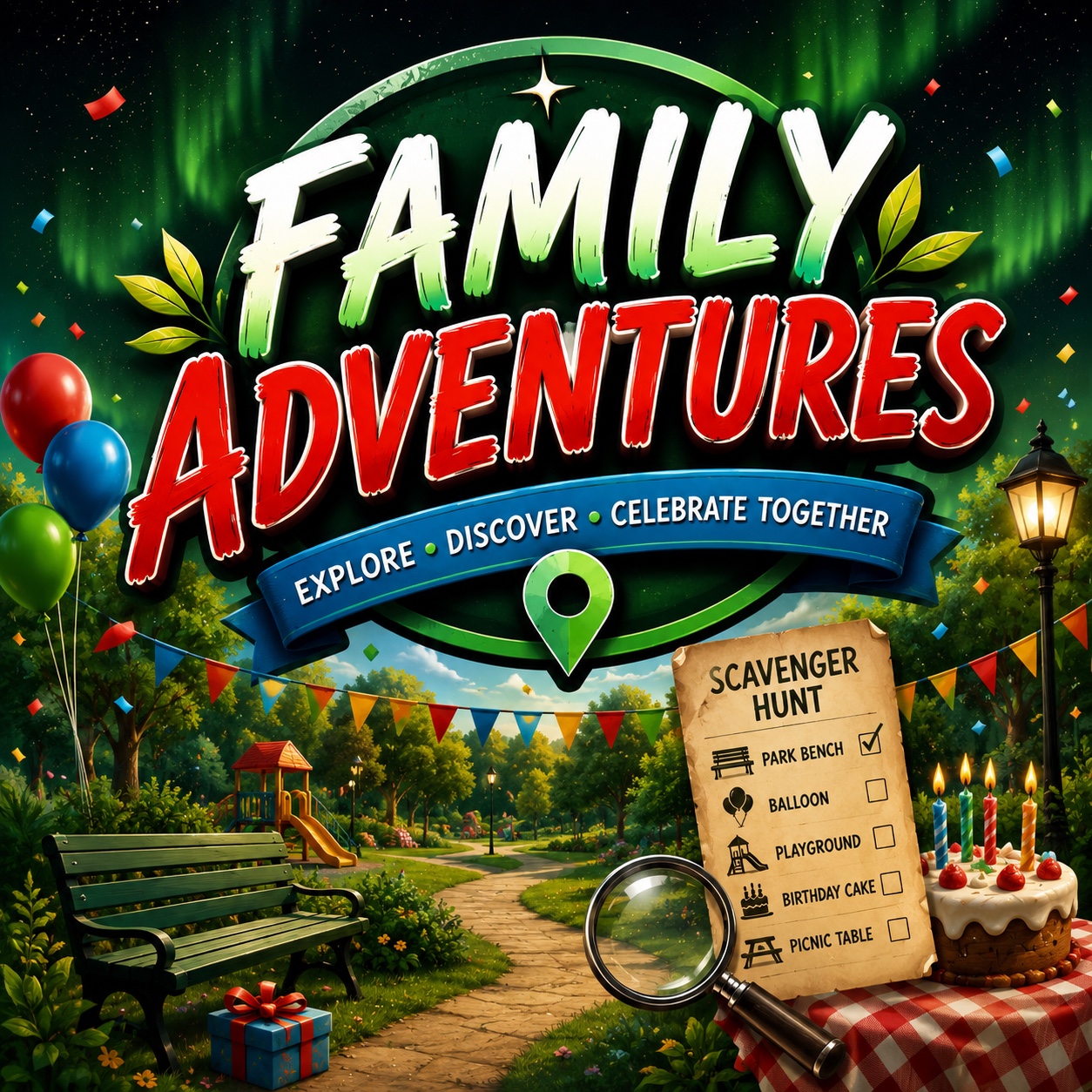 Family Adventures logo with a scavenger hunt list, balloons, birthday cake, park bench and magnifying glass